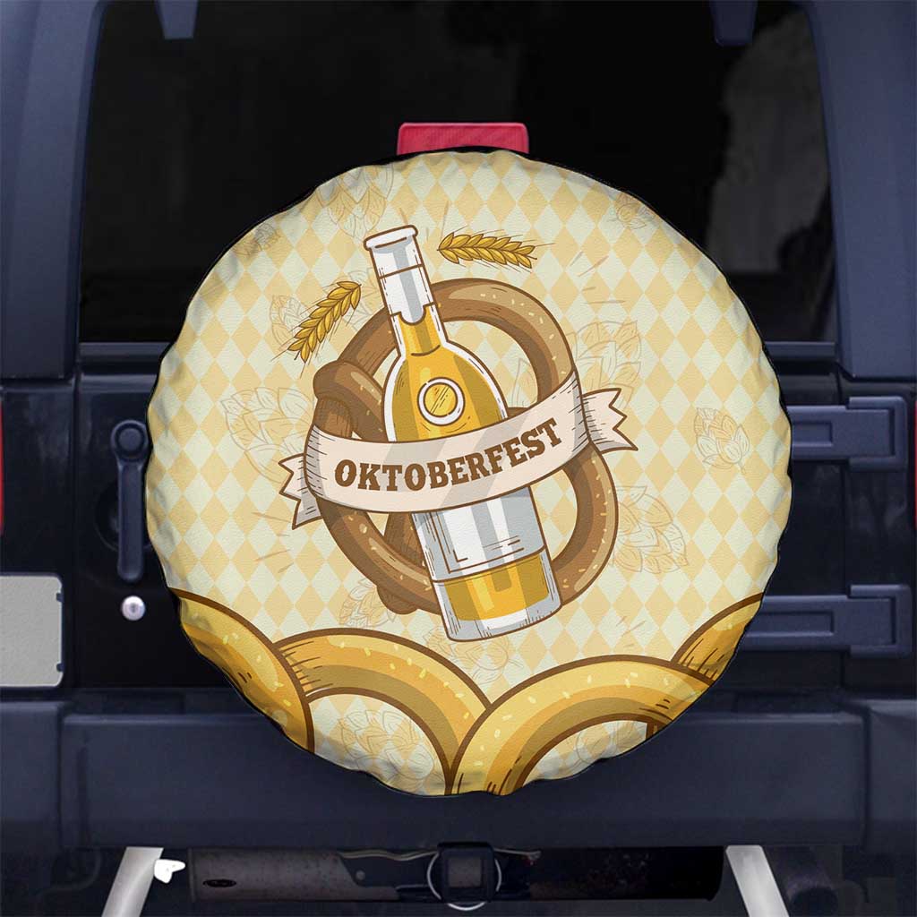 Oktoberfest Spare Tire Cover with Beer Bottle and Pretzel Illustration Beige Diamond - Wonder Print Shop