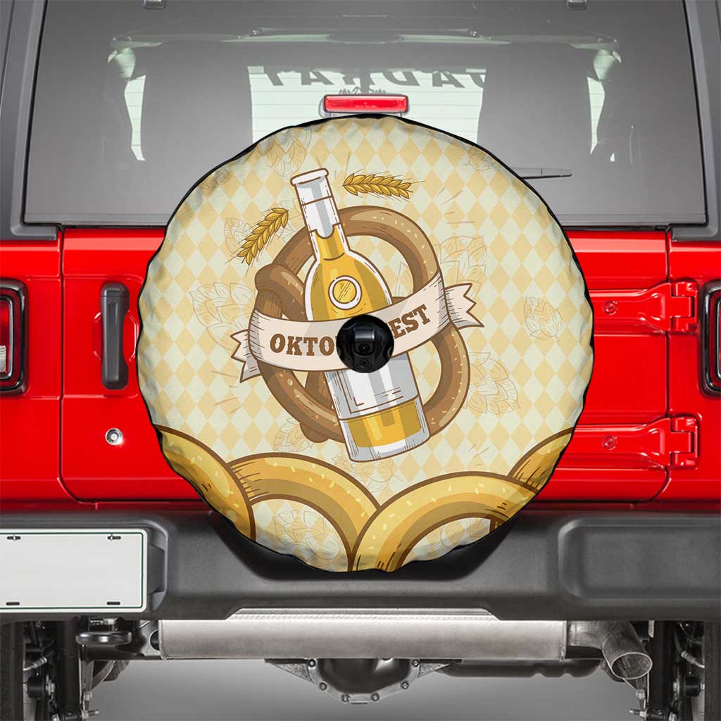 Oktoberfest Spare Tire Cover with Beer Bottle and Pretzel Illustration Beige Diamond - Wonder Print Shop
