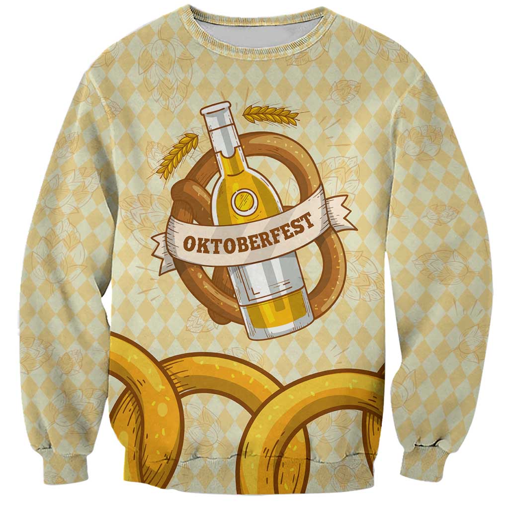 Oktoberfest Sweatshirt with Beer Bottle and Pretzel Illustration Beige Diamond - Wonder Print Shop