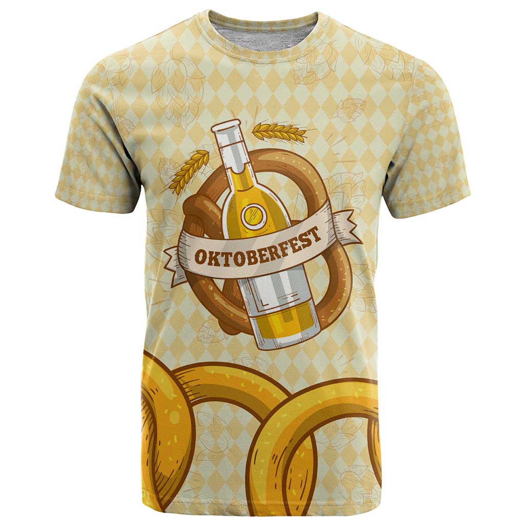 Oktoberfest T Shirt with Beer Bottle and Pretzel Illustration Beige Diamond - Wonder Print Shop