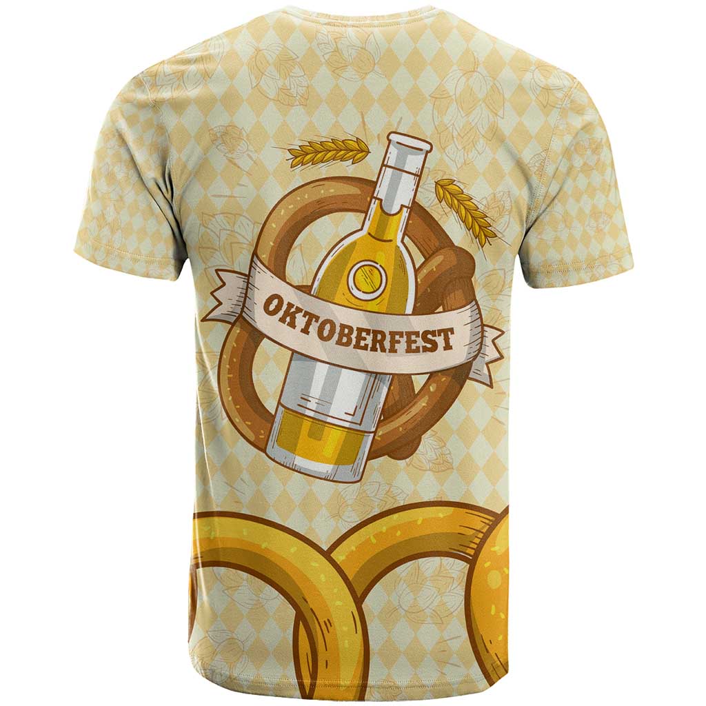 Oktoberfest T Shirt with Beer Bottle and Pretzel Illustration Beige Diamond - Wonder Print Shop