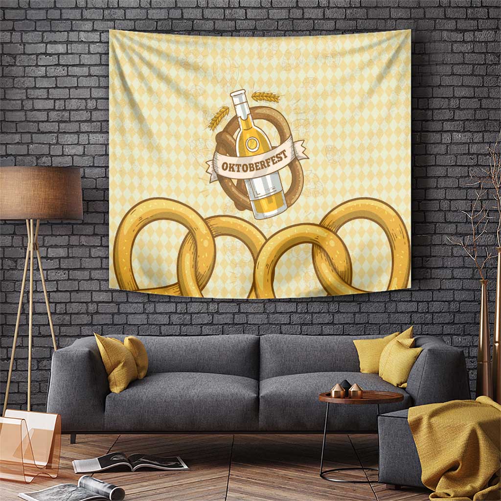 Oktoberfest Tapestry with Beer Bottle and Pretzel Illustration Beige Diamond - Wonder Print Shop