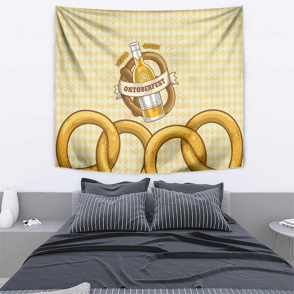 Oktoberfest Tapestry with Beer Bottle and Pretzel Illustration Beige Diamond - Wonder Print Shop