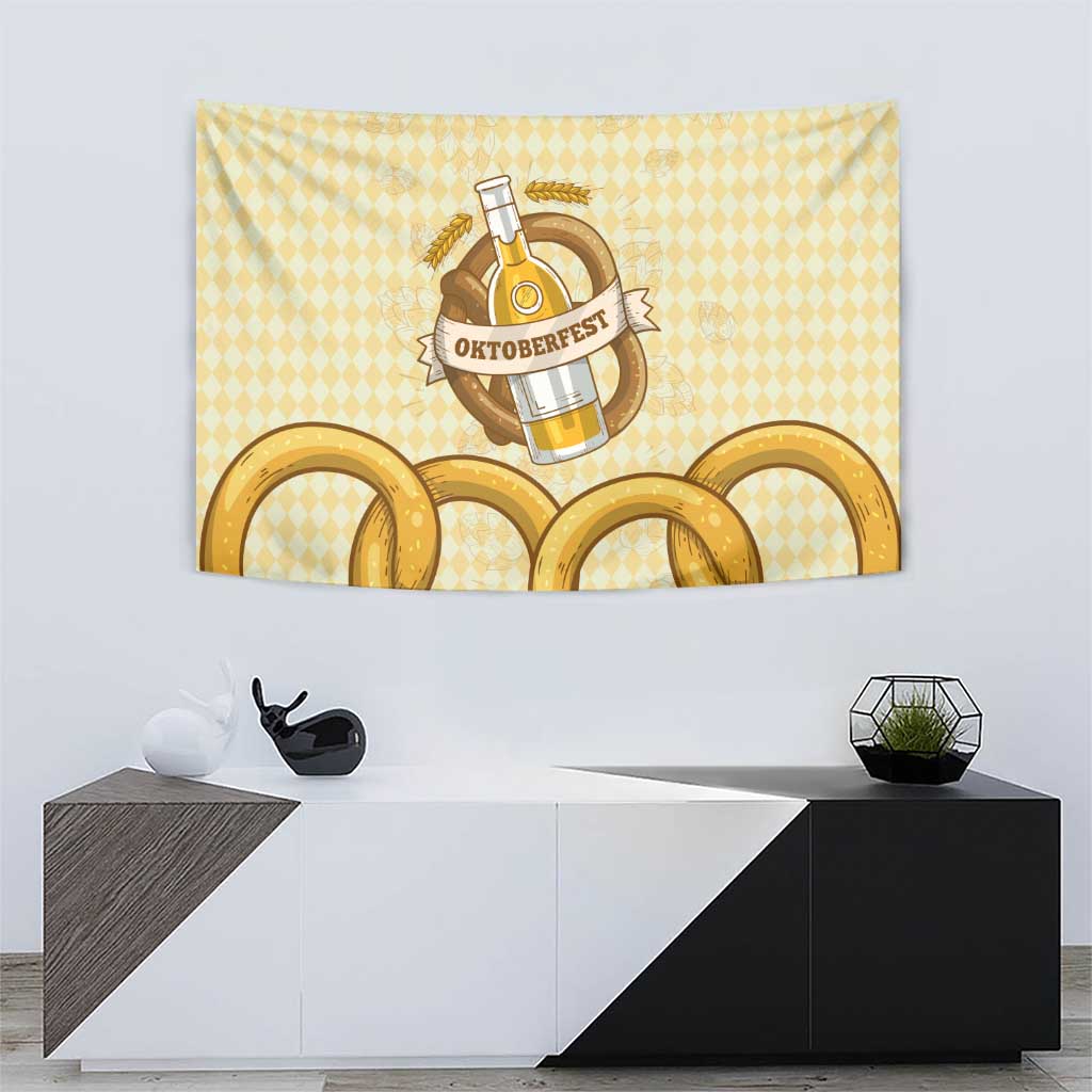 Oktoberfest Tapestry with Beer Bottle and Pretzel Illustration Beige Diamond - Wonder Print Shop