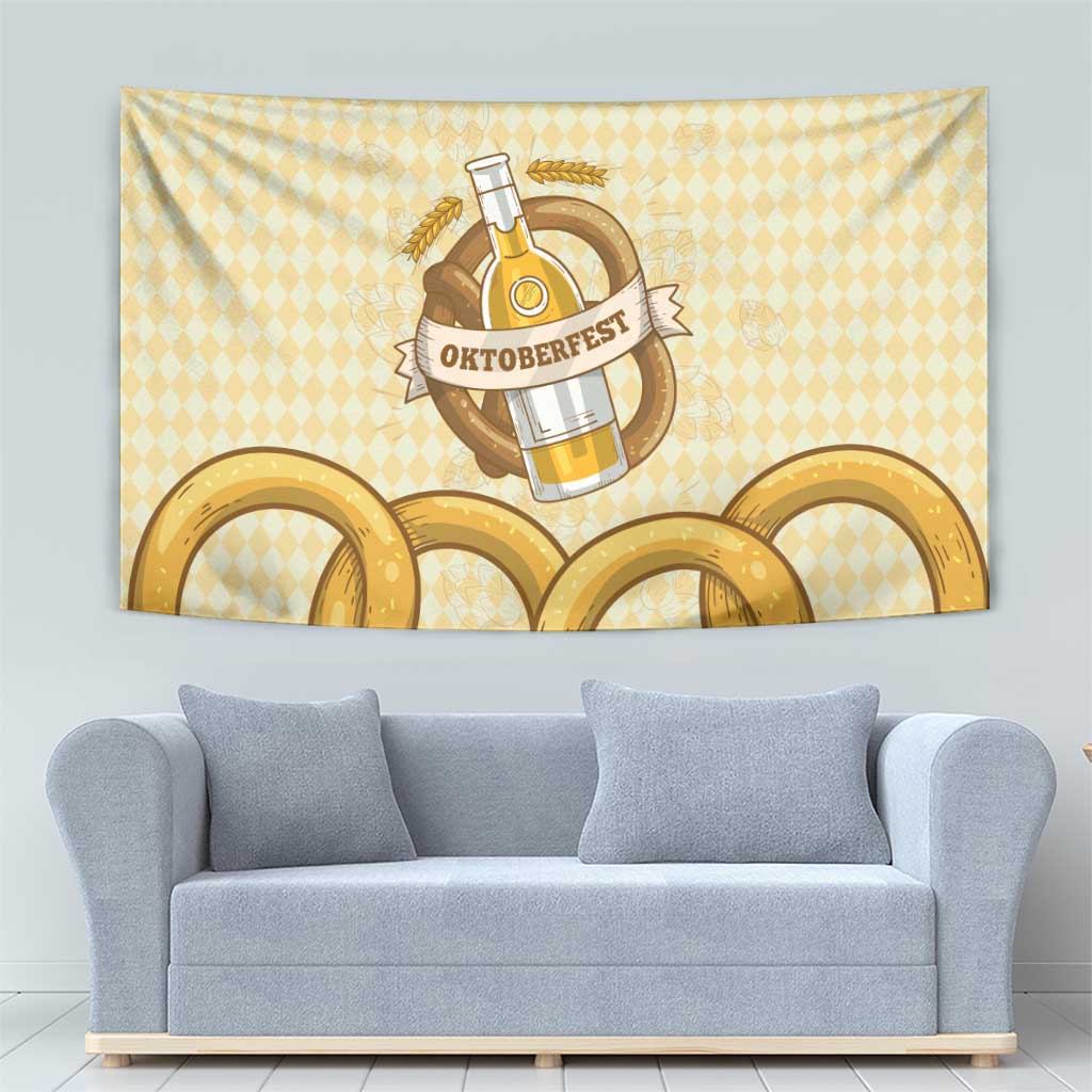 Oktoberfest Tapestry with Beer Bottle and Pretzel Illustration Beige Diamond - Wonder Print Shop