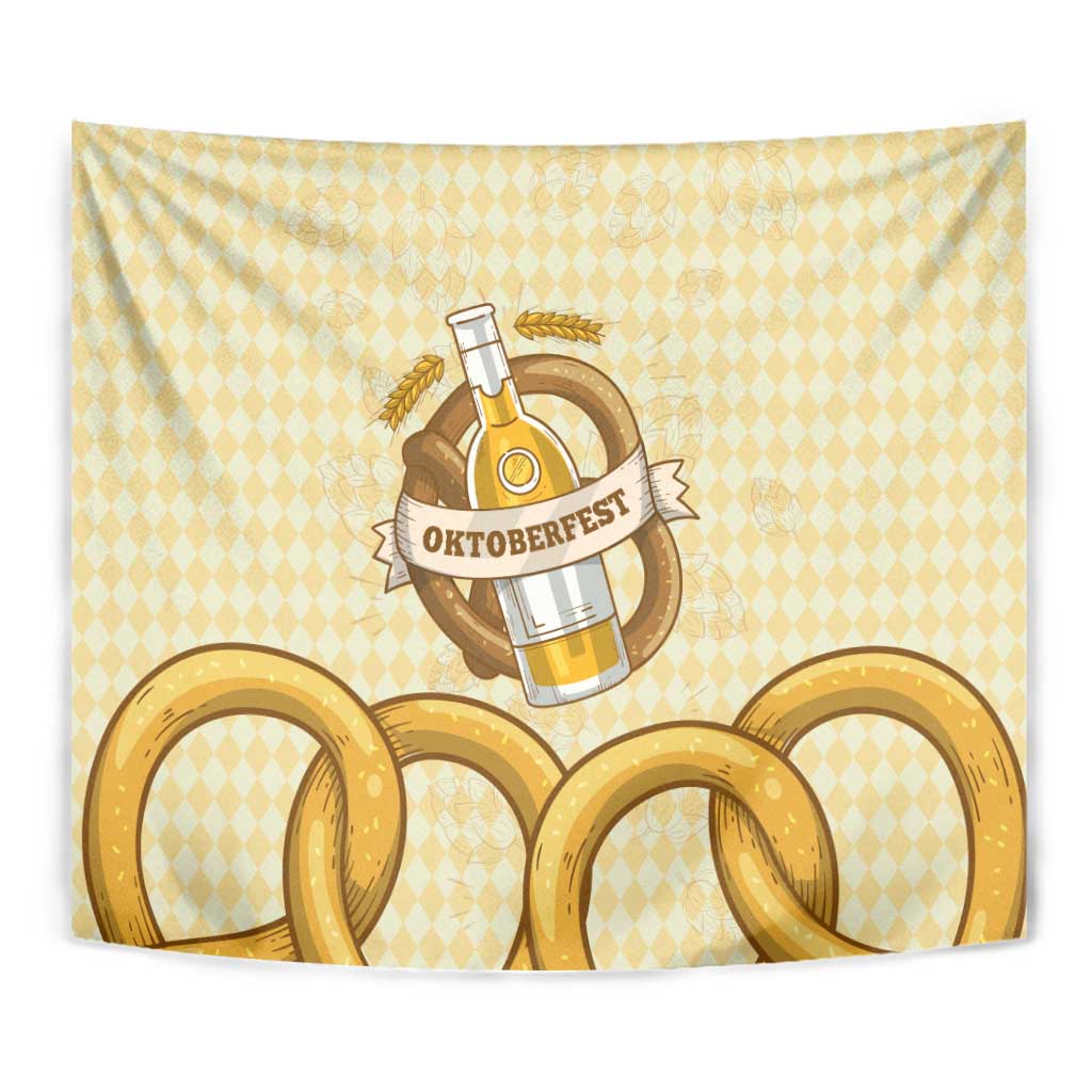 Oktoberfest Tapestry with Beer Bottle and Pretzel Illustration Beige Diamond - Wonder Print Shop