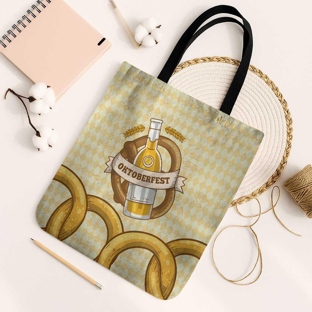 Oktoberfest Tote Bag with Beer Bottle and Pretzel Illustration Beige Diamond - Wonder Print Shop