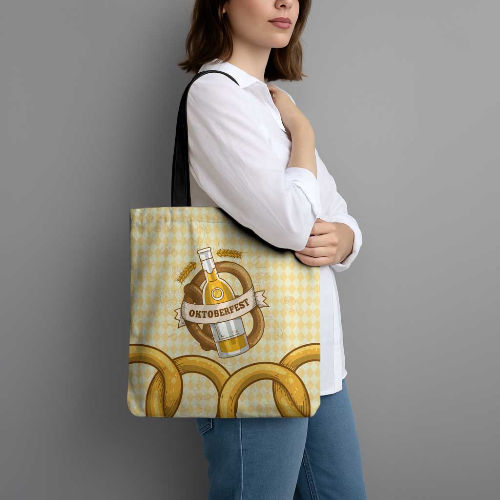 Oktoberfest Tote Bag with Beer Bottle and Pretzel Illustration Beige Diamond - Wonder Print Shop