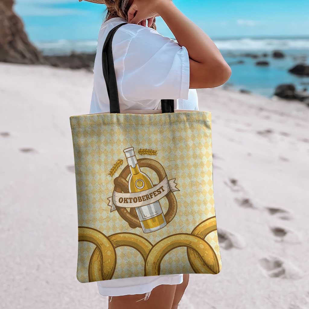 Oktoberfest Tote Bag with Beer Bottle and Pretzel Illustration Beige Diamond - Wonder Print Shop