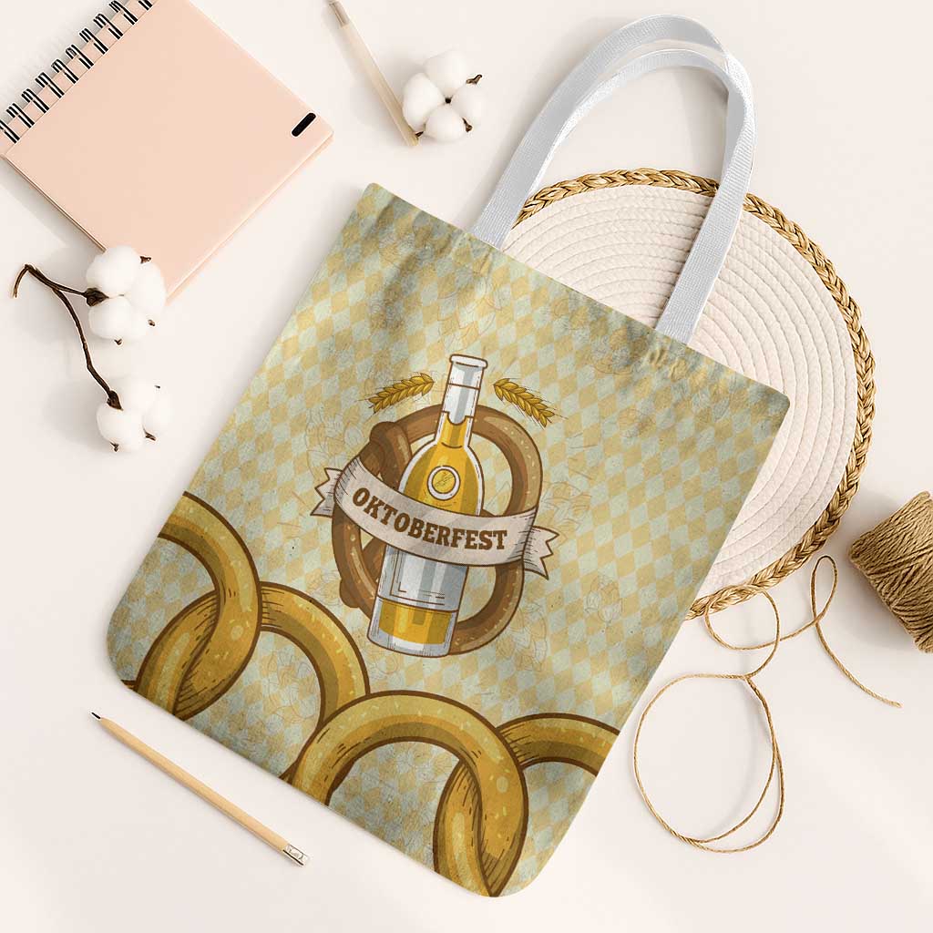 Oktoberfest Tote Bag with Beer Bottle and Pretzel Illustration Beige Diamond - Wonder Print Shop