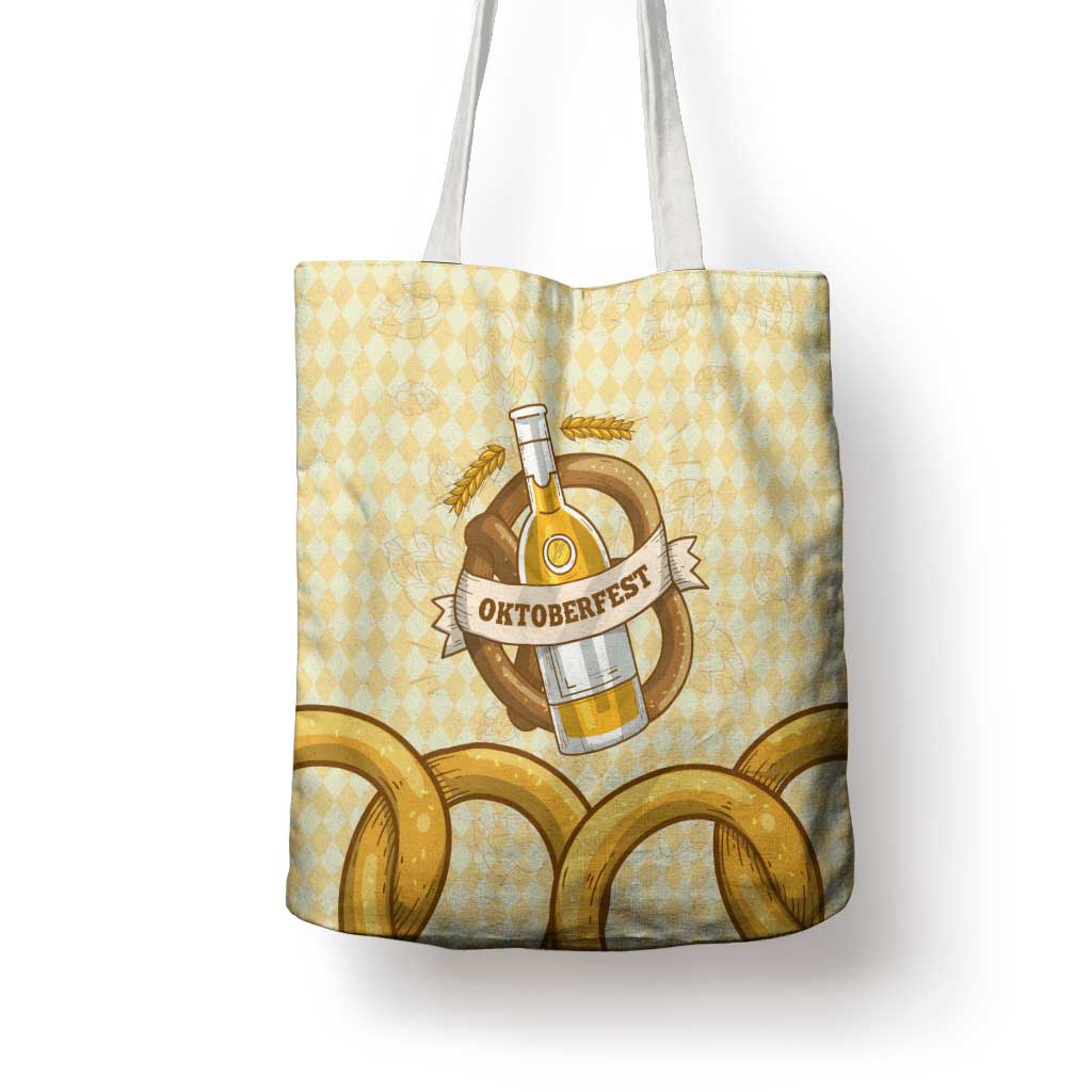 Oktoberfest Tote Bag with Beer Bottle and Pretzel Illustration Beige Diamond - Wonder Print Shop