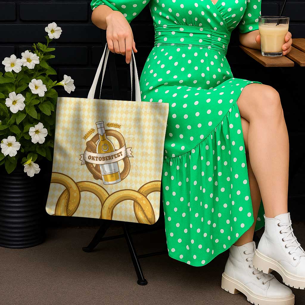 Oktoberfest Tote Bag with Beer Bottle and Pretzel Illustration Beige Diamond - Wonder Print Shop