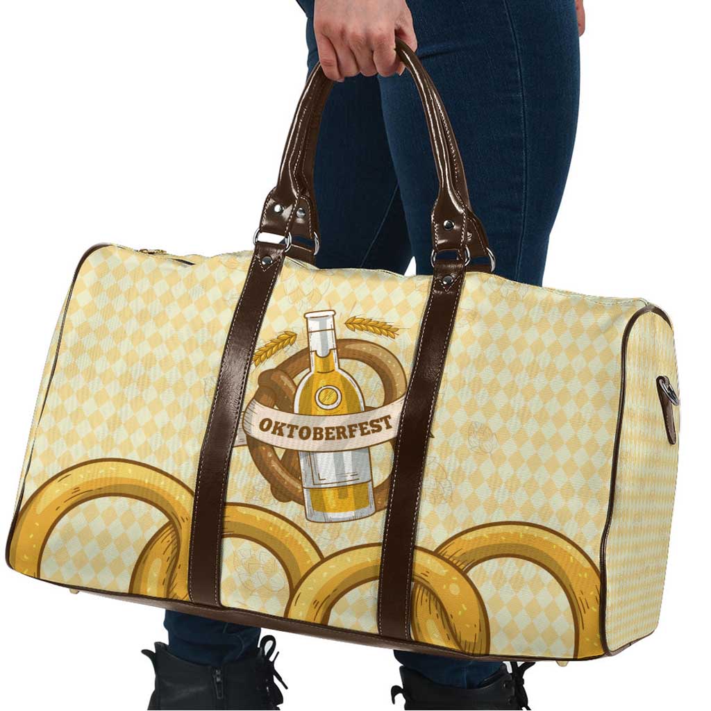 Oktoberfest Travel Bag with Beer Bottle and Pretzel Illustration Beige Diamond - Wonder Print Shop