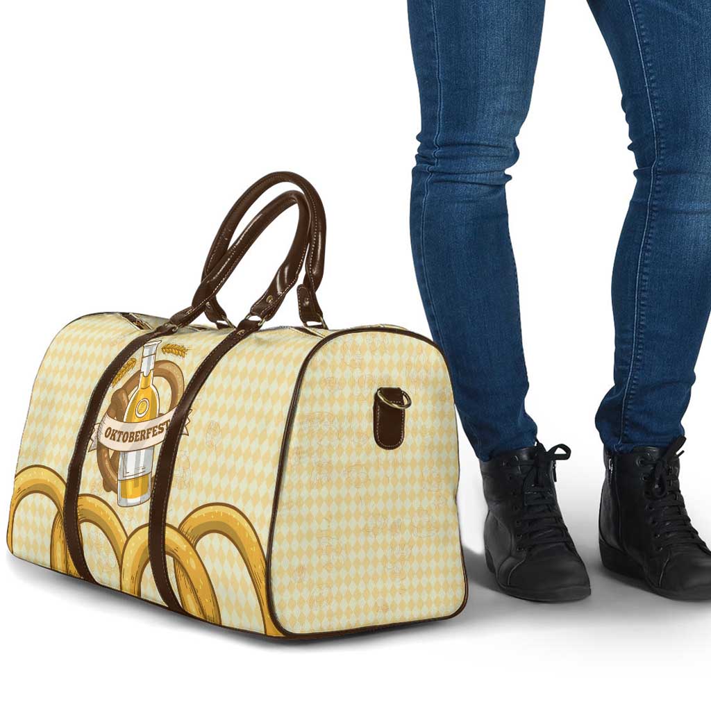 Oktoberfest Travel Bag with Beer Bottle and Pretzel Illustration Beige Diamond - Wonder Print Shop