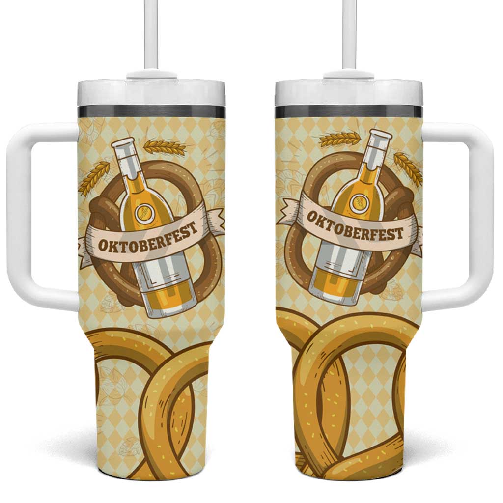 Oktoberfest Tumbler With Handle with Beer Bottle and Pretzel Illustration Beige Diamond - Wonder Print Shop