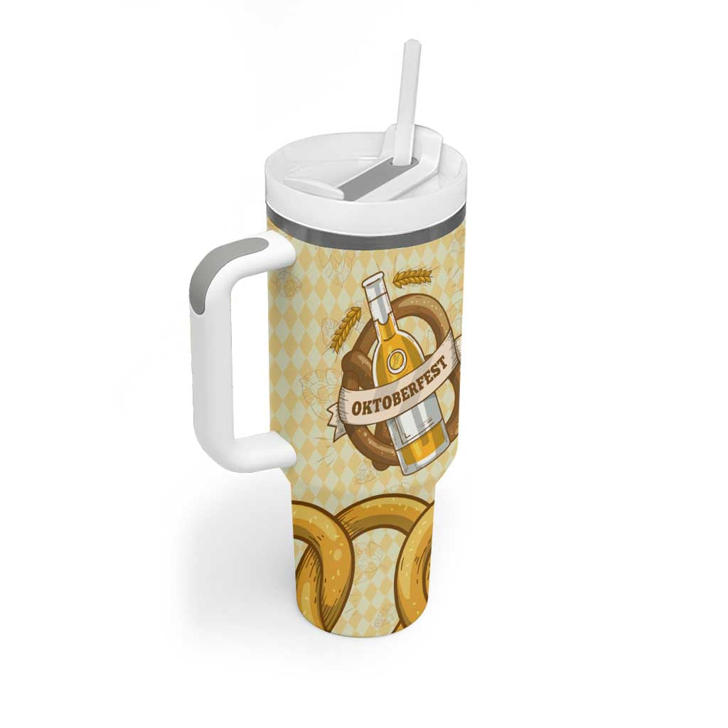 Oktoberfest Tumbler With Handle with Beer Bottle and Pretzel Illustration Beige Diamond - Wonder Print Shop
