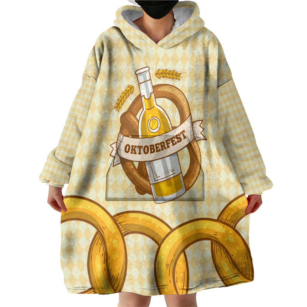 Oktoberfest Wearable Blanket Hoodie with Beer Bottle and Pretzel Illustration Beige Diamond - Wonder Print Shop