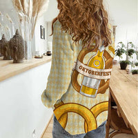 Oktoberfest Women Casual Shirt with Beer Bottle and Pretzel Illustration Beige Diamond - Wonder Print Shop