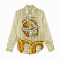 Oktoberfest Women Casual Shirt with Beer Bottle and Pretzel Illustration Beige Diamond - Wonder Print Shop