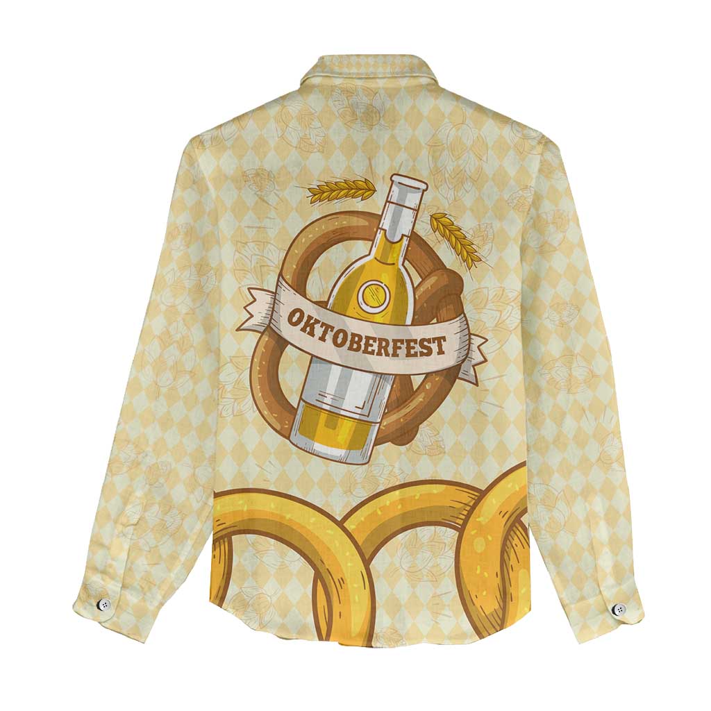 Oktoberfest Women Casual Shirt with Beer Bottle and Pretzel Illustration Beige Diamond - Wonder Print Shop