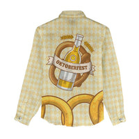 Oktoberfest Women Casual Shirt with Beer Bottle and Pretzel Illustration Beige Diamond - Wonder Print Shop
