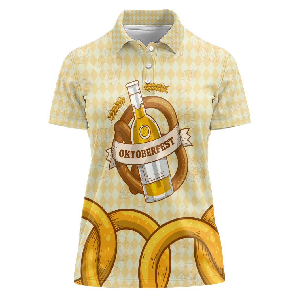 Oktoberfest Women Polo Shirt with Beer Bottle and Pretzel Illustration Beige Diamond - Wonder Print Shop