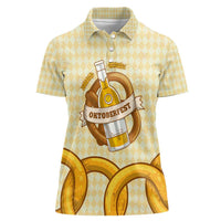 Oktoberfest Women Polo Shirt with Beer Bottle and Pretzel Illustration Beige Diamond - Wonder Print Shop