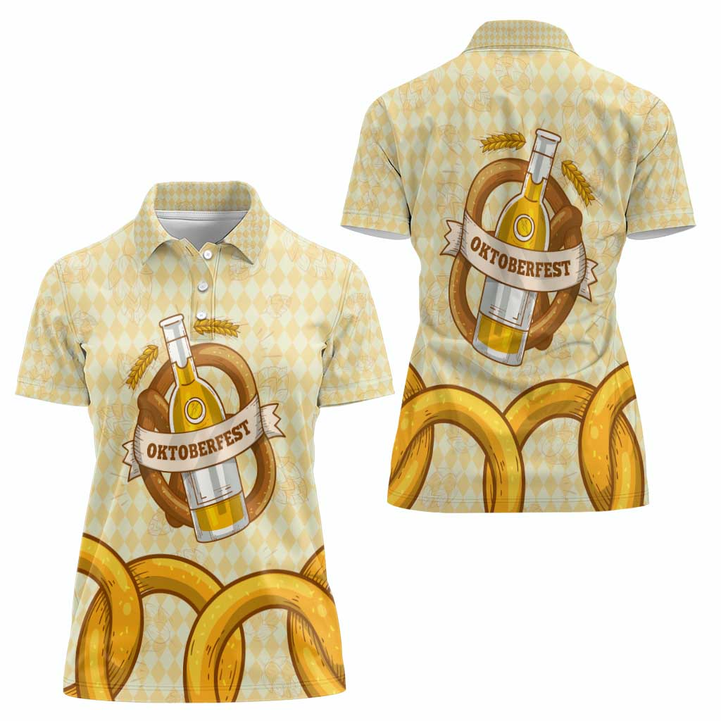 Oktoberfest Women Polo Shirt with Beer Bottle and Pretzel Illustration Beige Diamond - Wonder Print Shop