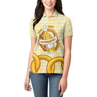 Oktoberfest Women Polo Shirt with Beer Bottle and Pretzel Illustration Beige Diamond - Wonder Print Shop