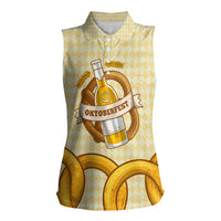 Oktoberfest Women Sleeveless Polo Shirt with Beer Bottle and Pretzel Illustration Beige Diamond - Wonder Print Shop