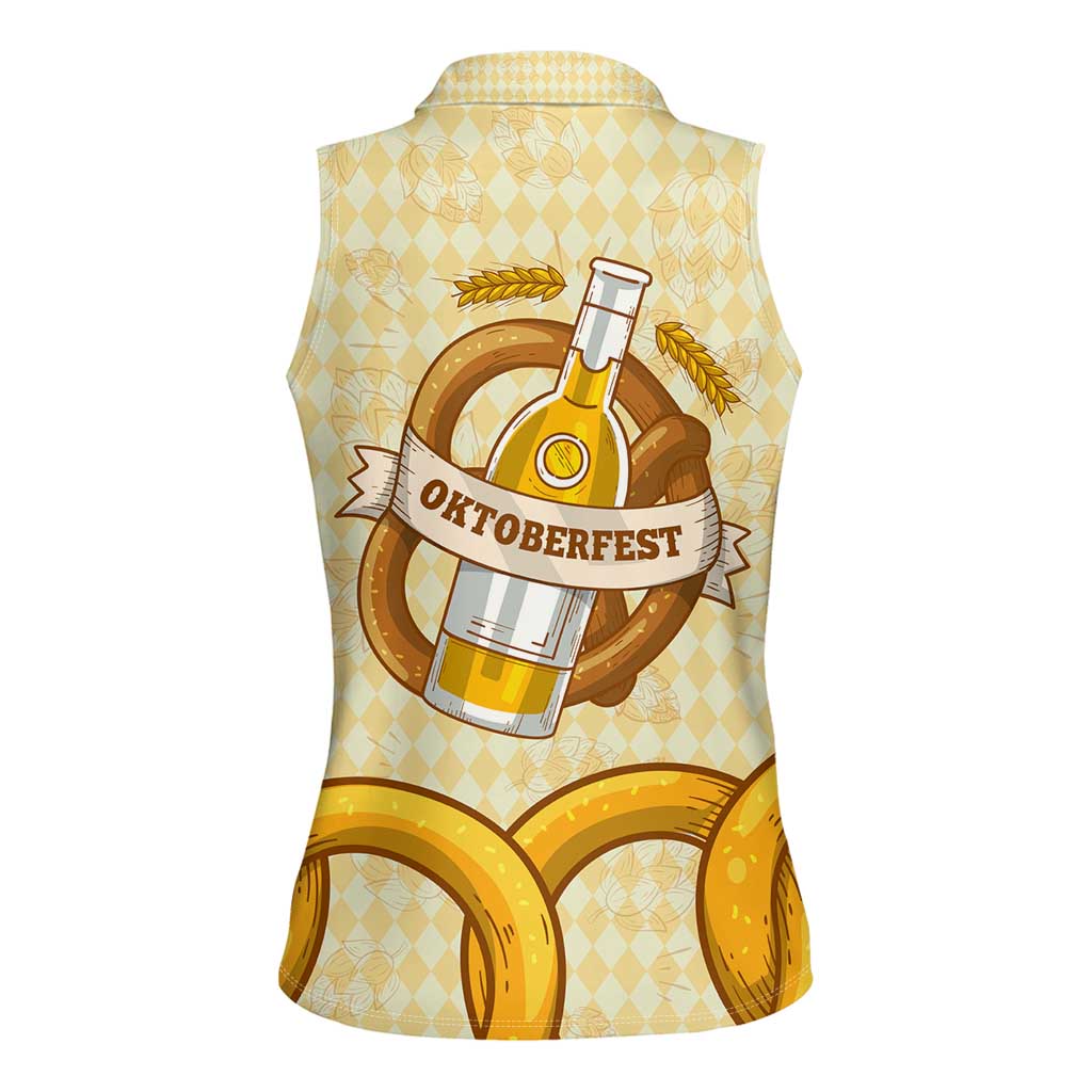Oktoberfest Women Sleeveless Polo Shirt with Beer Bottle and Pretzel Illustration Beige Diamond - Wonder Print Shop