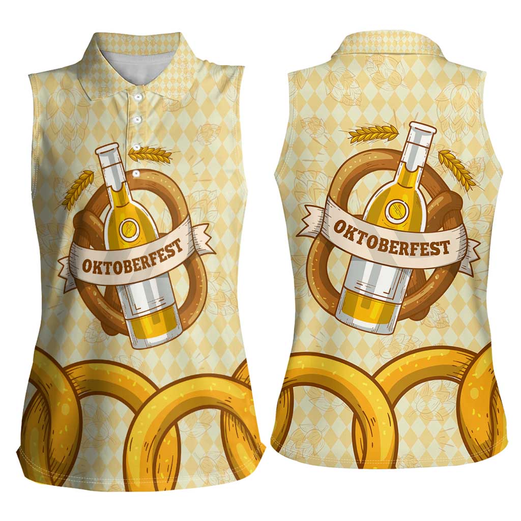 Oktoberfest Women Sleeveless Polo Shirt with Beer Bottle and Pretzel Illustration Beige Diamond - Wonder Print Shop