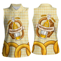 Oktoberfest Women Sleeveless Polo Shirt with Beer Bottle and Pretzel Illustration Beige Diamond - Wonder Print Shop