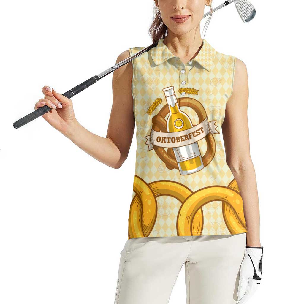 Oktoberfest Women Sleeveless Polo Shirt with Beer Bottle and Pretzel Illustration Beige Diamond - Wonder Print Shop