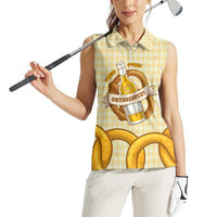 Oktoberfest Women Sleeveless Polo Shirt with Beer Bottle and Pretzel Illustration Beige Diamond - Wonder Print Shop