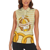 Oktoberfest Women Sleeveless Polo Shirt with Beer Bottle and Pretzel Illustration Beige Diamond - Wonder Print Shop