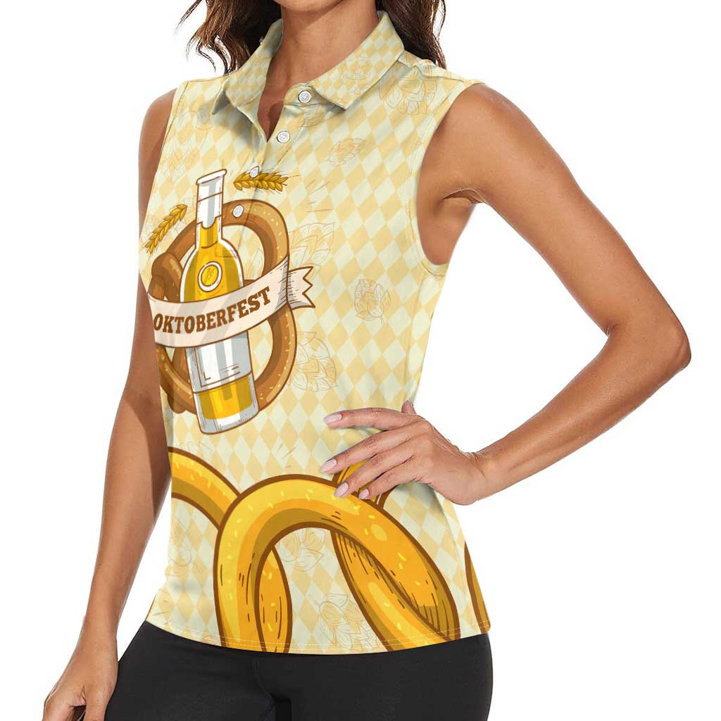 Oktoberfest Women Sleeveless Polo Shirt with Beer Bottle and Pretzel Illustration Beige Diamond - Wonder Print Shop