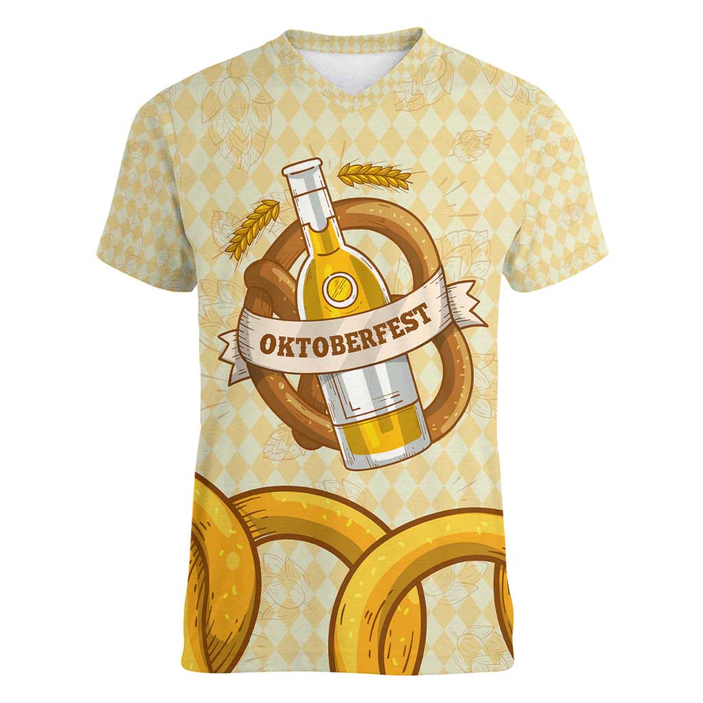 Oktoberfest Women V-Neck T-Shirt with Beer Bottle and Pretzel Illustration Beige Diamond - Wonder Print Shop