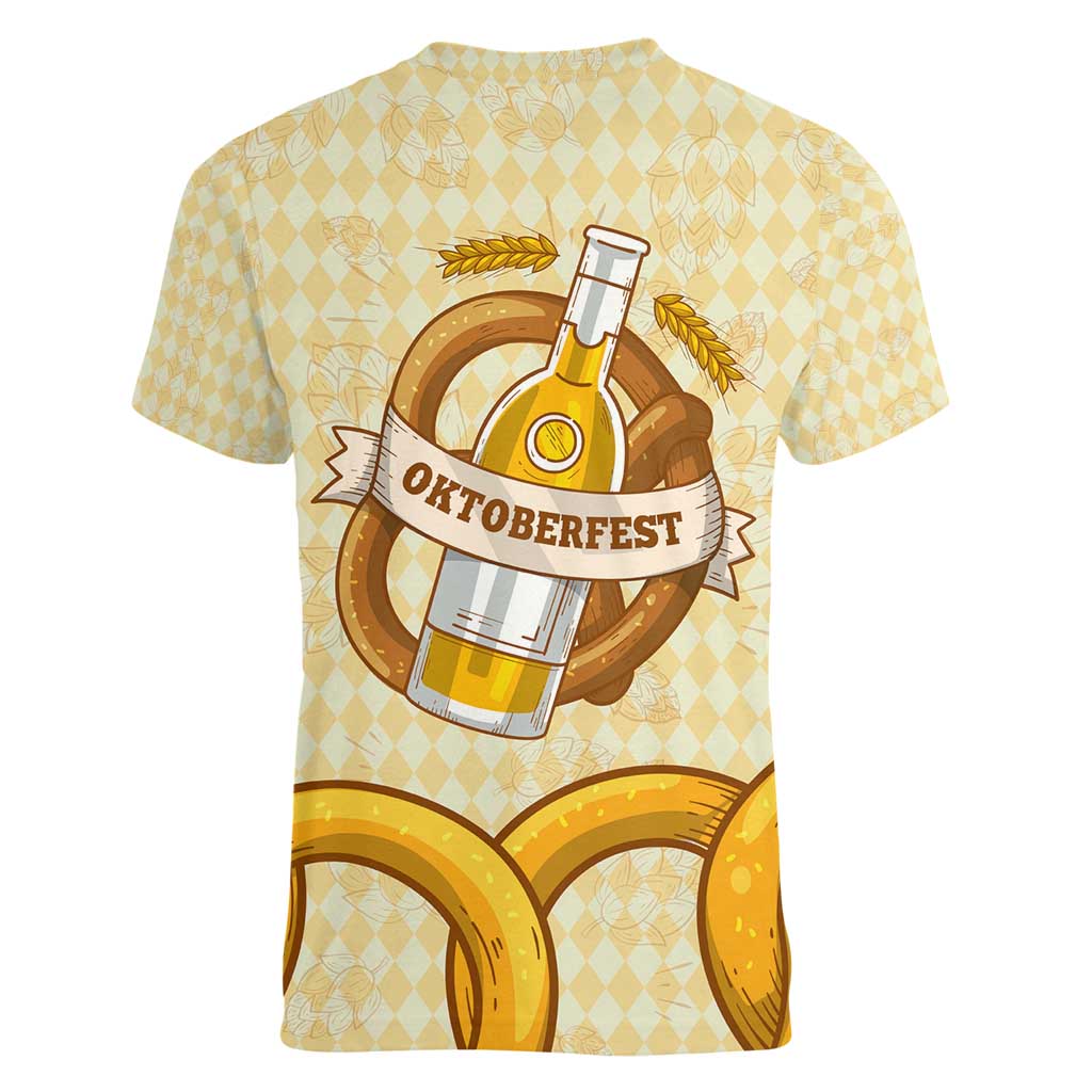 Oktoberfest Women V-Neck T-Shirt with Beer Bottle and Pretzel Illustration Beige Diamond - Wonder Print Shop