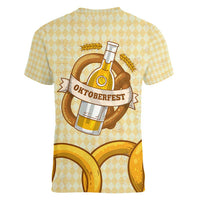 Oktoberfest Women V-Neck T-Shirt with Beer Bottle and Pretzel Illustration Beige Diamond - Wonder Print Shop