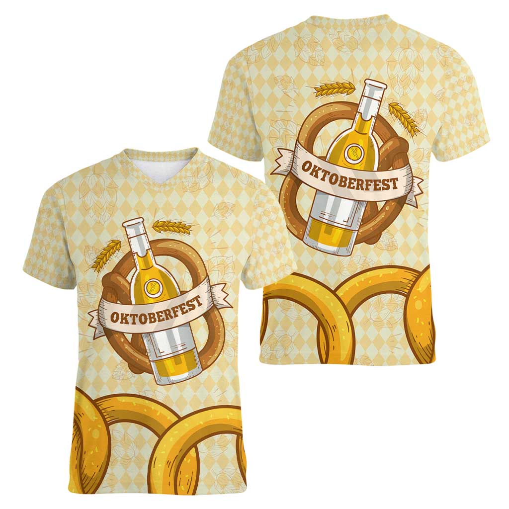 Oktoberfest Women V-Neck T-Shirt with Beer Bottle and Pretzel Illustration Beige Diamond - Wonder Print Shop