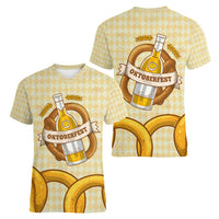 Oktoberfest Women V-Neck T-Shirt with Beer Bottle and Pretzel Illustration Beige Diamond - Wonder Print Shop