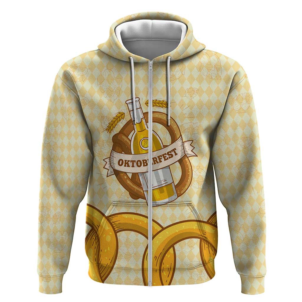 Oktoberfest Zip Hoodie with Beer Bottle and Pretzel Illustration Beige Diamond - Wonder Print Shop