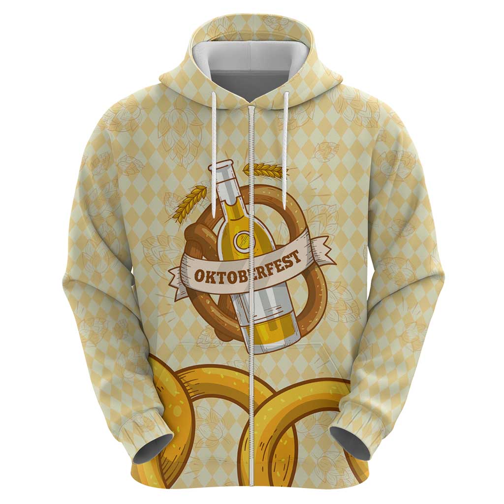 Oktoberfest Zip Hoodie with Beer Bottle and Pretzel Illustration Beige Diamond - Wonder Print Shop