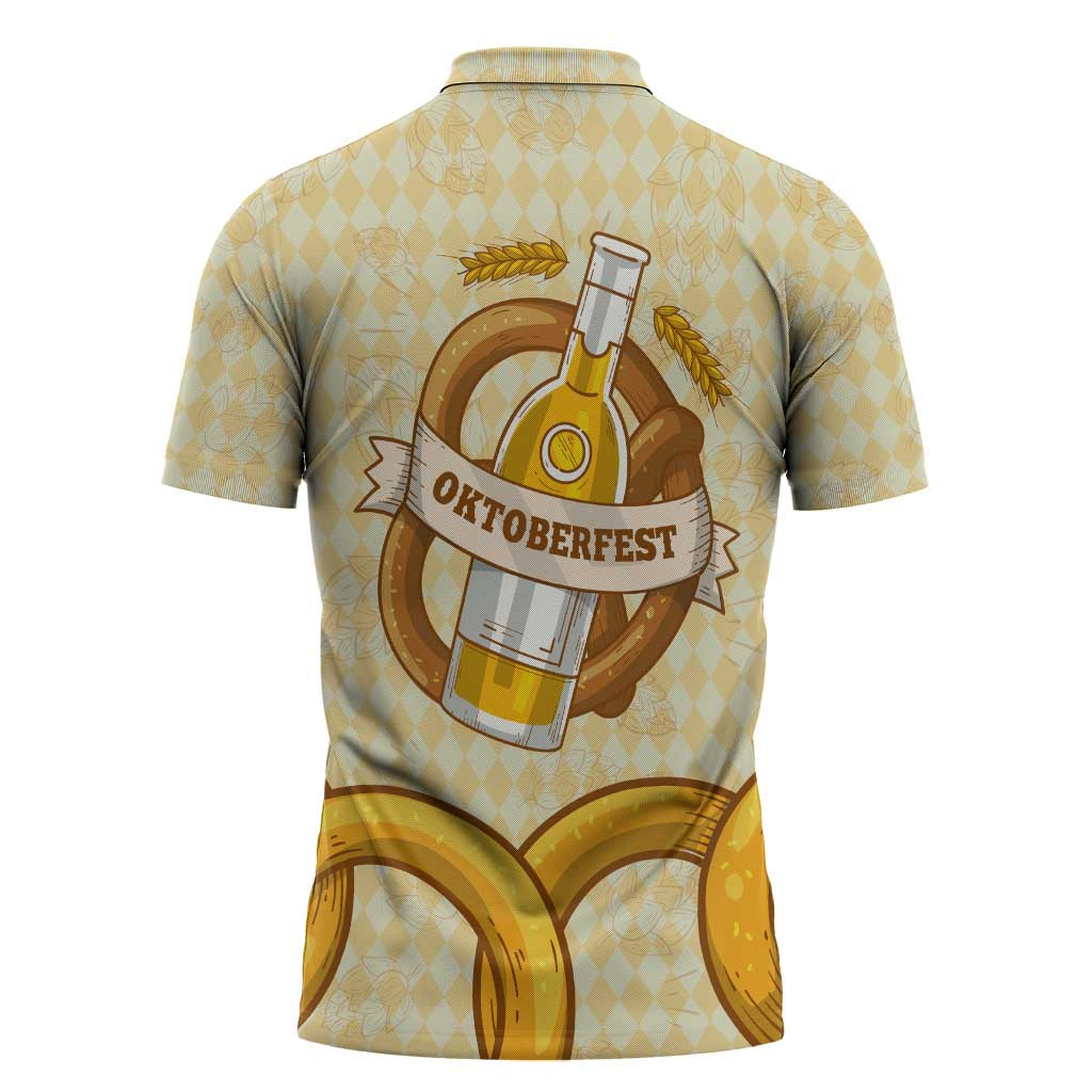 Oktoberfest Zipper Polo Shirt with Beer Bottle and Pretzel Illustration Beige Diamond - Wonder Print Shop