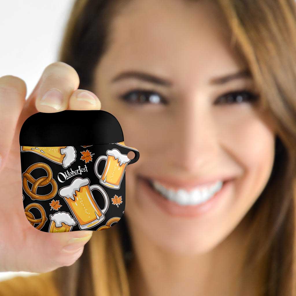 Oktoberfest AirPods Case with Beer Mug and Pretzel Illustration Black Festive - Wonder Print Shop