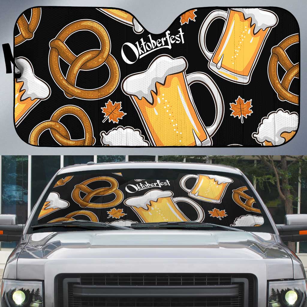 Oktoberfest Auto Sun Shade with Beer Mug and Pretzel Illustration Black Festive - Wonder Print Shop