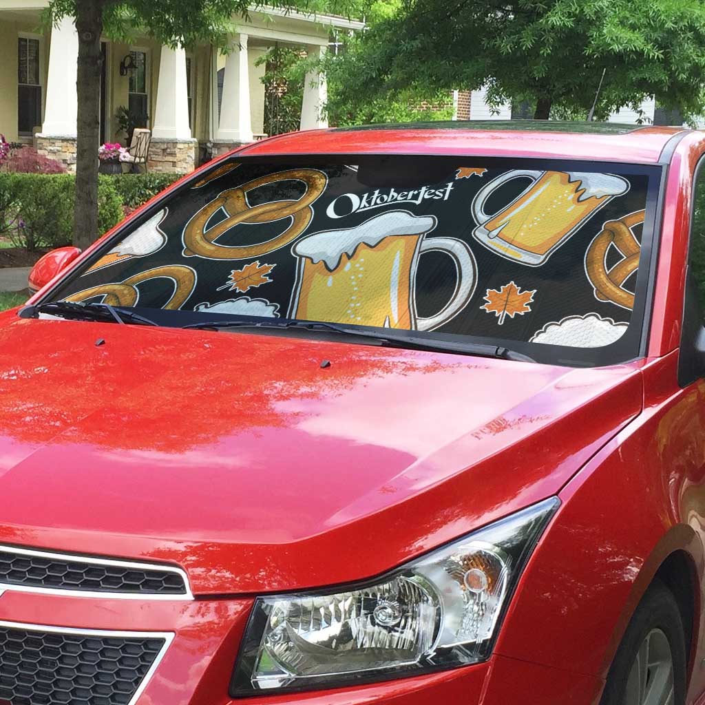 Oktoberfest Auto Sun Shade with Beer Mug and Pretzel Illustration Black Festive - Wonder Print Shop