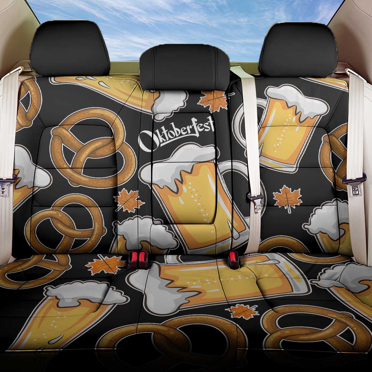 Oktoberfest Back Car Seat Cover with Beer Mug and Pretzel Illustration Black Festive - Wonder Print Shop