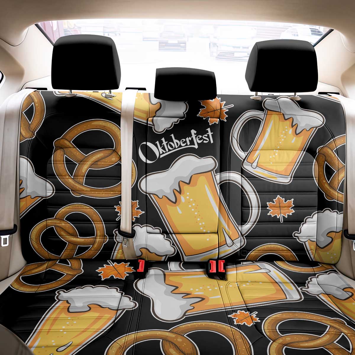Oktoberfest Back Car Seat Cover with Beer Mug and Pretzel Illustration Black Festive - Wonder Print Shop